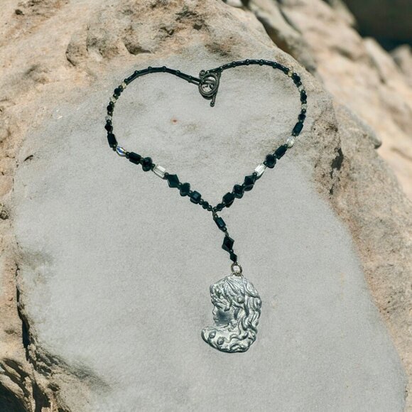 Art Nuveau Clay Lady Pendant with Artisan Crafted with Crystal Beaded Necklace - Picture 3 of 9